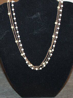 Delicate Multi-Strand Gold & Cream Faux Pearl Layered Necklace Costume Jewelry